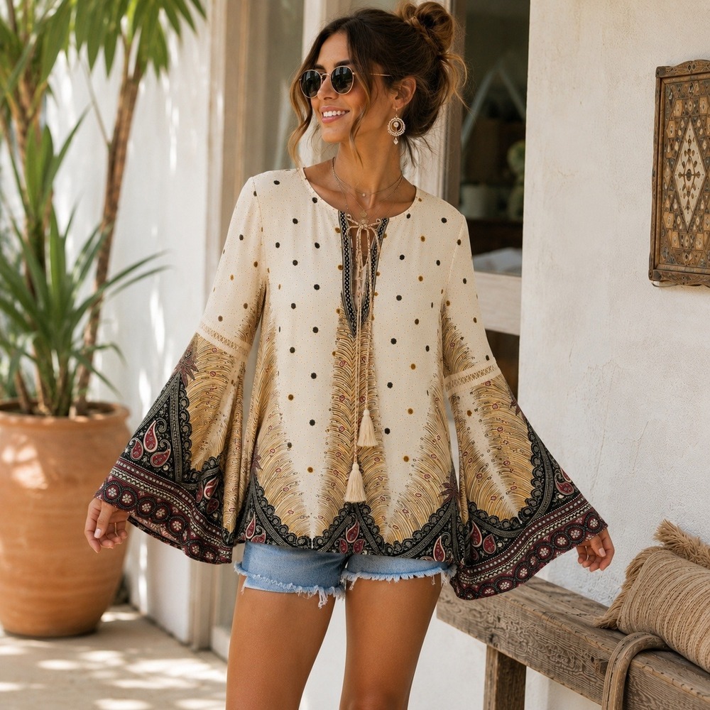 Flying Tomato Boho Paisley Print Tunic Top Bell‎ Sleeve Tassel Tie Women's Small